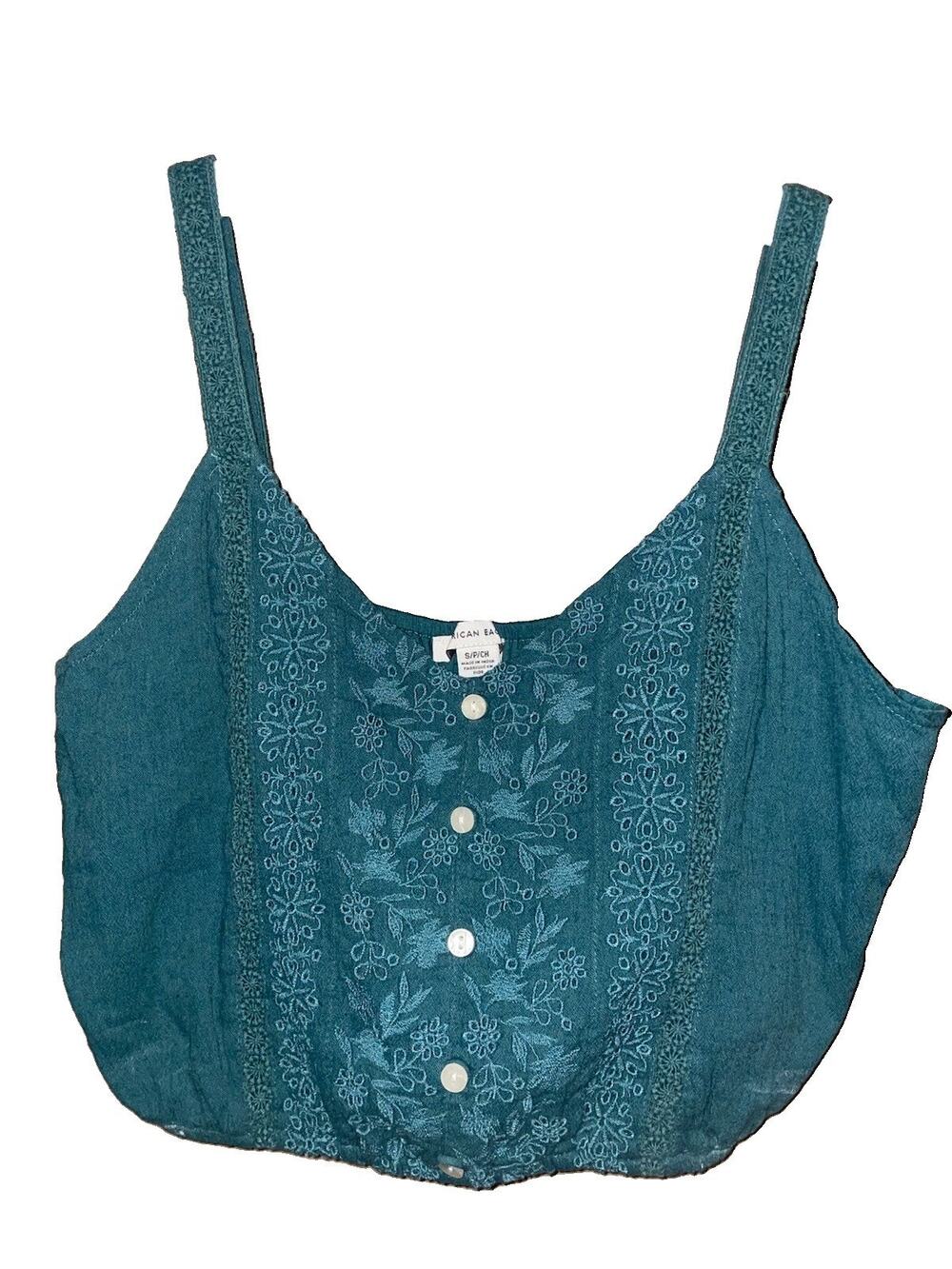 American Eagle Green Eyelet Embroidered Crop Top Button Sz S Boho Cottagecore